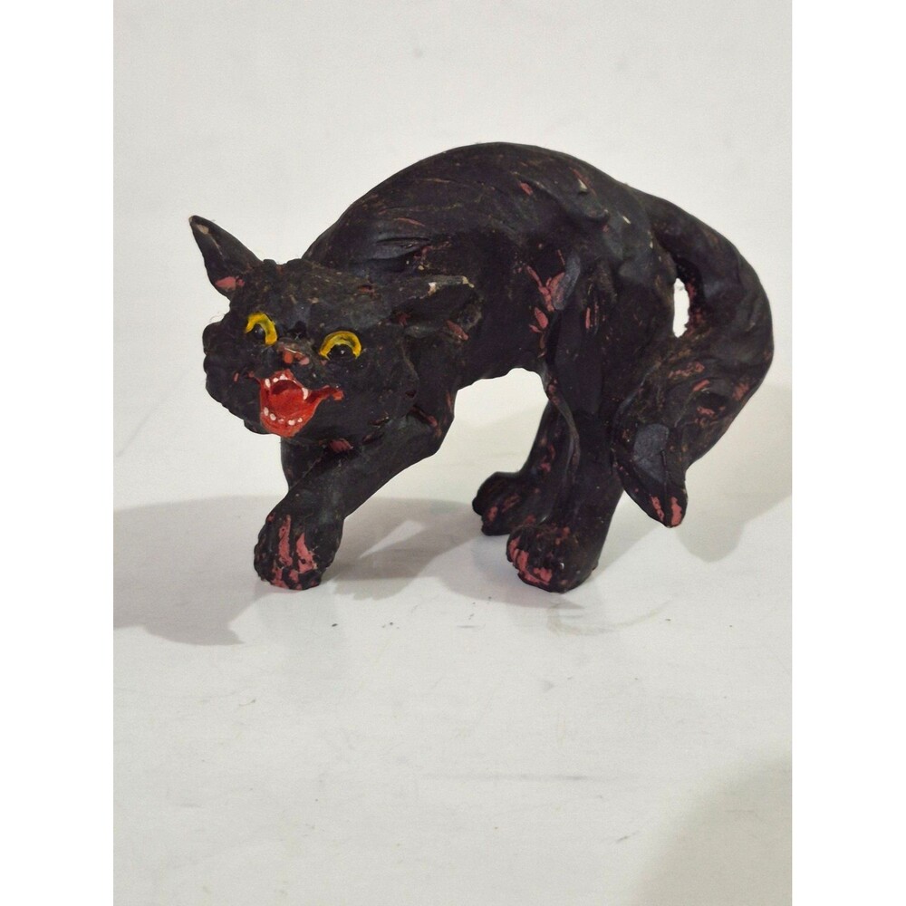 Vintage Black Cat Figurine with creepy, hissing expression with yellow eyes